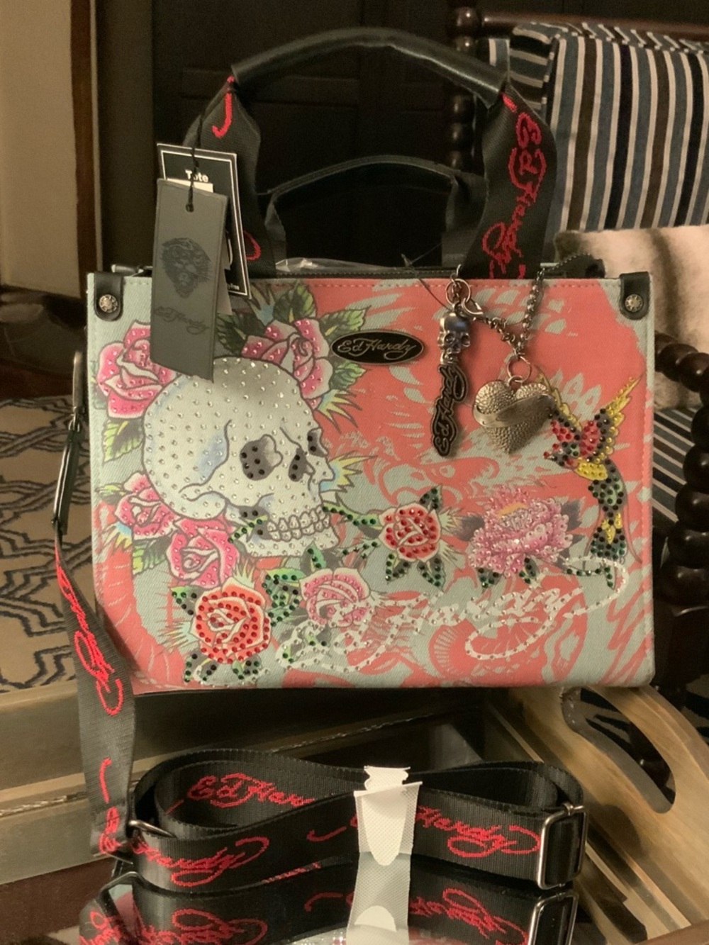 Ed Hardy Tattoo Rose & Skull Denim Rhinestone Purse NWT - Picture 3 of 13